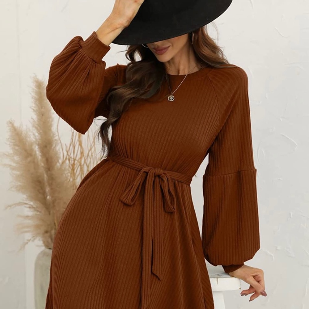 Amazon Sleeve Crew Neck Ribbed Knit High Waist Sweater Dress with Pockets